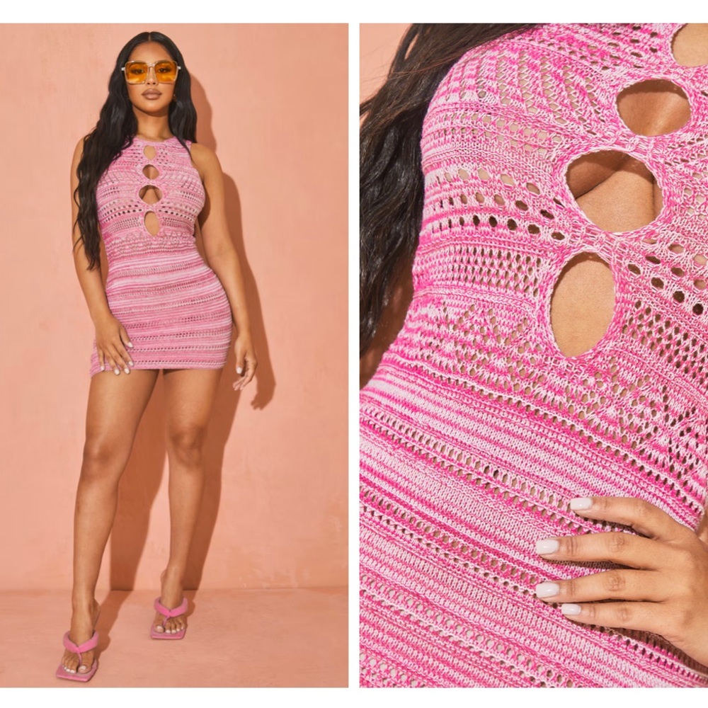 Petite Pink Crochet Cut Out Mini Dress